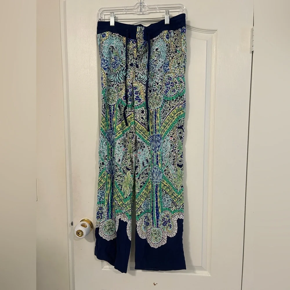 Women's Blue and Green Patterned Pants - Picture 2 of 2